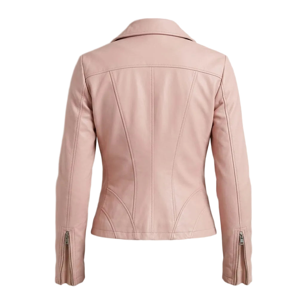 Women's Premium Blush Pink Original Lambskin Leather Moto Jacket — Collarless – biker jacket, back view – Kamercio