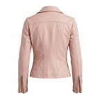 Women's Premium Blush Pink Original Lambskin Leather Moto Jacket — Collarless – biker jacket, back view – Kamercio