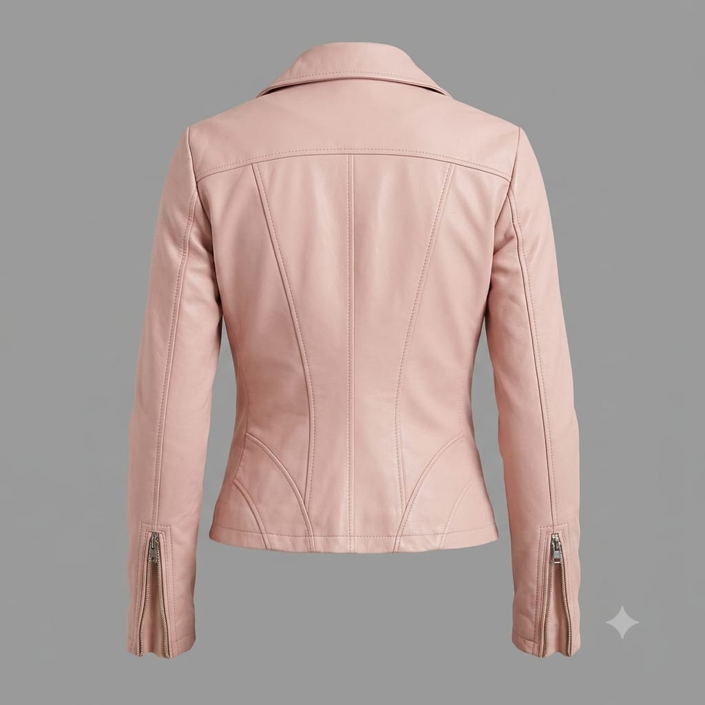 Women's Premium Blush Pink Original Lambskin Leather Moto Jacket — Collarless