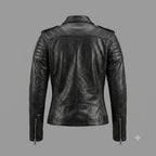 Women's Premium Black Belted Original Lambskin Leather Biker Jacket – back view – Kamercio