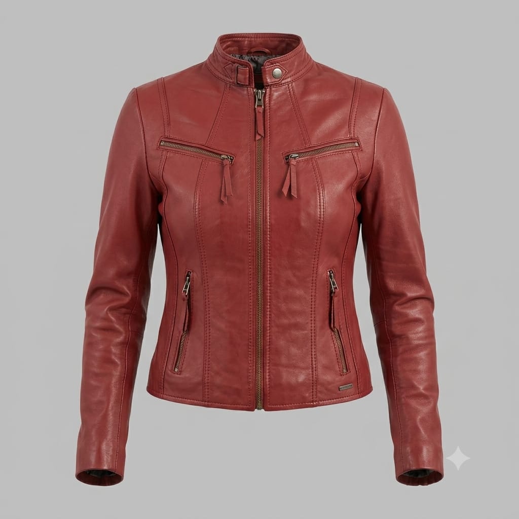Women's Premium Burgundy Original Genuine Lambskin Leather Moto Jacket — Band Collar
