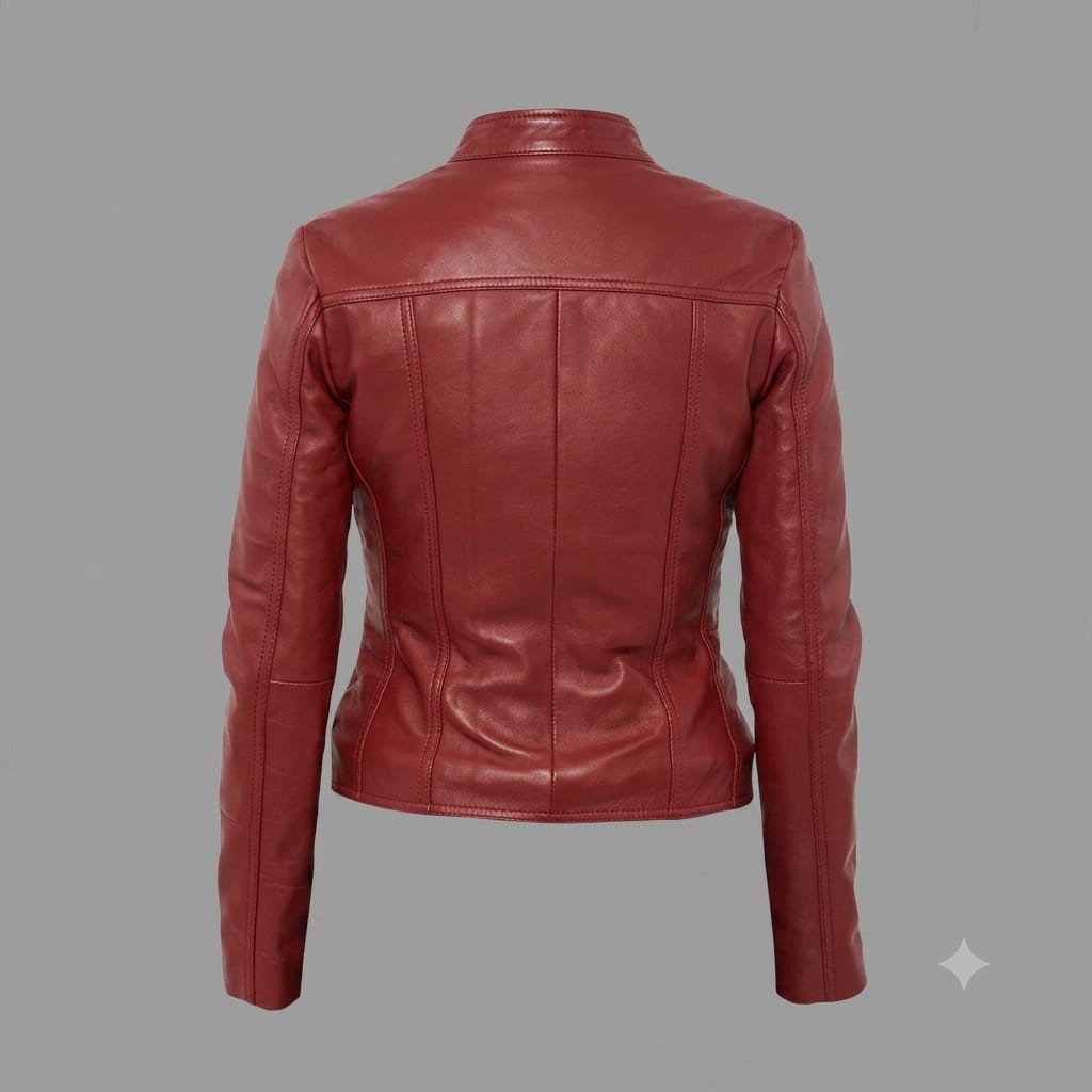 Women's Premium Burgundy Original Genuine Lambskin Leather Moto Jacket — Band Collar