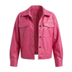 Women's Pink Premium Leather Cropped Trucker Original Shirt — Snap Button Boxy Fit
