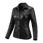 Women's Original Black Premium Leather Fitted Shirt-Jacket — Sculpted Waist Snap Button