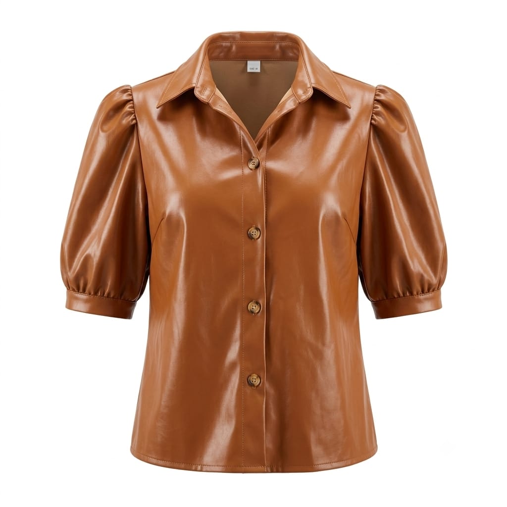 Women's Premium Brown Original Leather Puff Sleeve Shirt — Short Sleeve Button-Up