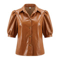 Women's Premium Brown Original Leather Puff Sleeve Shirt — Short Sleeve Button-Up