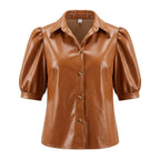 Women's Premium Brown Original Leather Puff Sleeve Shirt — Short Sleeve Button-Up