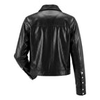 Women's Premium Black Original Leather Cropped Trucker Jacket — Snap Button Boxy Fit