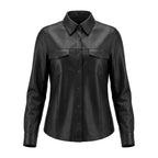 Women's Premium Black Original Leather Relaxed Shirt — Long Sleeve Snap Button