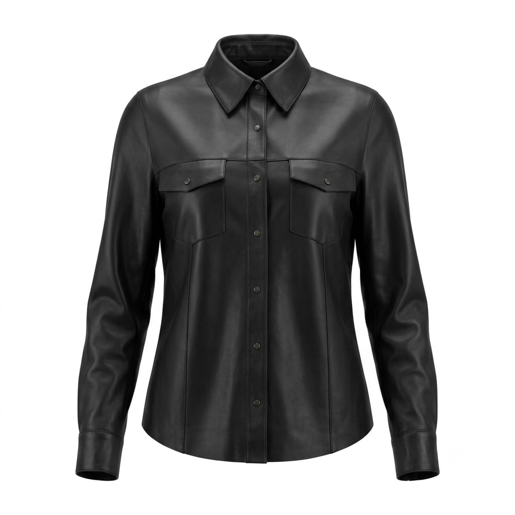 Women's Premium Black Original Leather Relaxed Shirt — Long Sleeve Snap Button