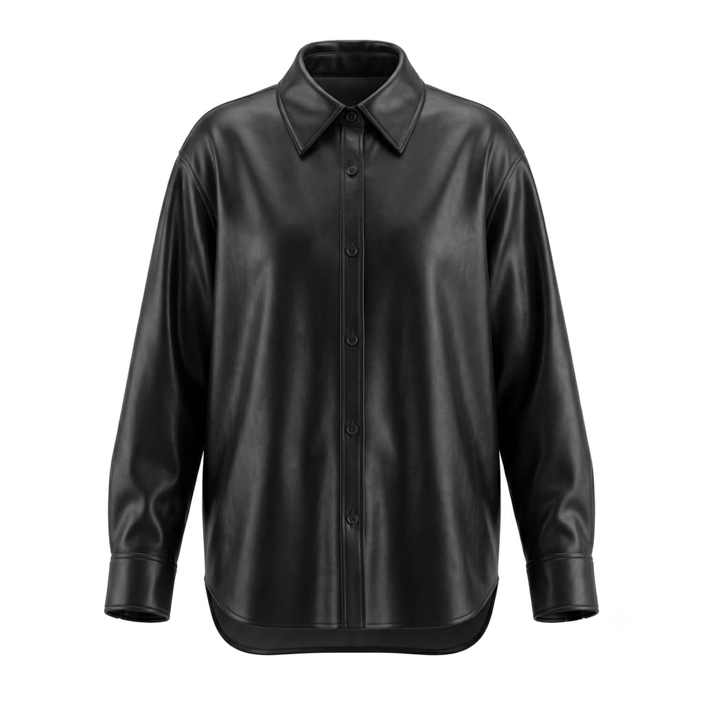 Women's Premium Black Original Leather Oversized Shirt — Drop Shoulder Long Sleeve