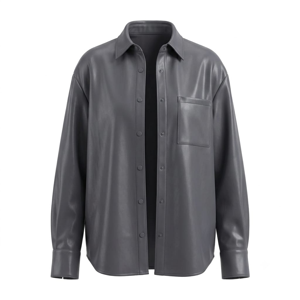 Women's Premium Original Grey Leather Oversized Shirt — Longline Button-Up