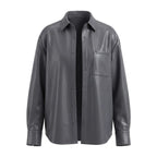 Women's Premium Original Grey Leather Oversized Shirt — Longline Button-Up