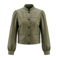 Women's olive green leather puff sleeve jacket with band collar and cropped silhouette