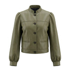 Women's olive green leather puff sleeve jacket with band collar and cropped silhouette