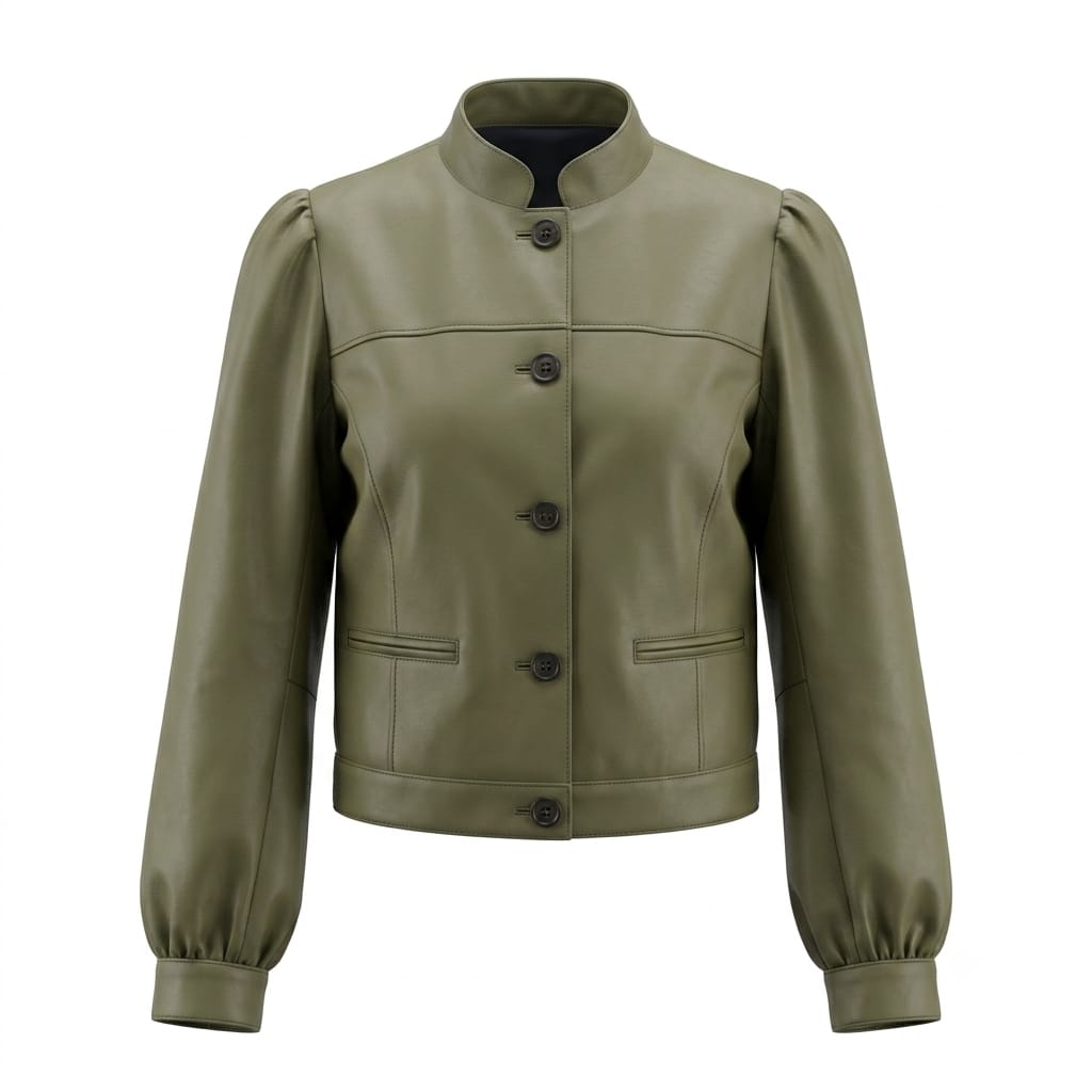 Women's olive green leather puff sleeve jacket with band collar and cropped silhouette