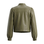 Women's Premium Olive Green Original Leather Puff Sleeve Jacket — Band Collar Cropped