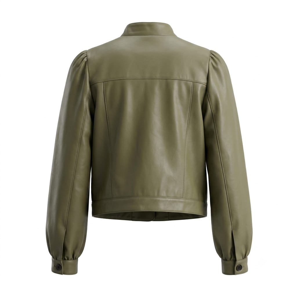 Women's Premium Olive Green Original Leather Puff Sleeve Jacket — Band Collar Cropped