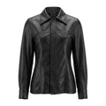 Women's black leather princess seam shirt with sculpted waist and snap button front