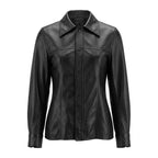Women's black leather princess seam shirt with sculpted waist and snap button front