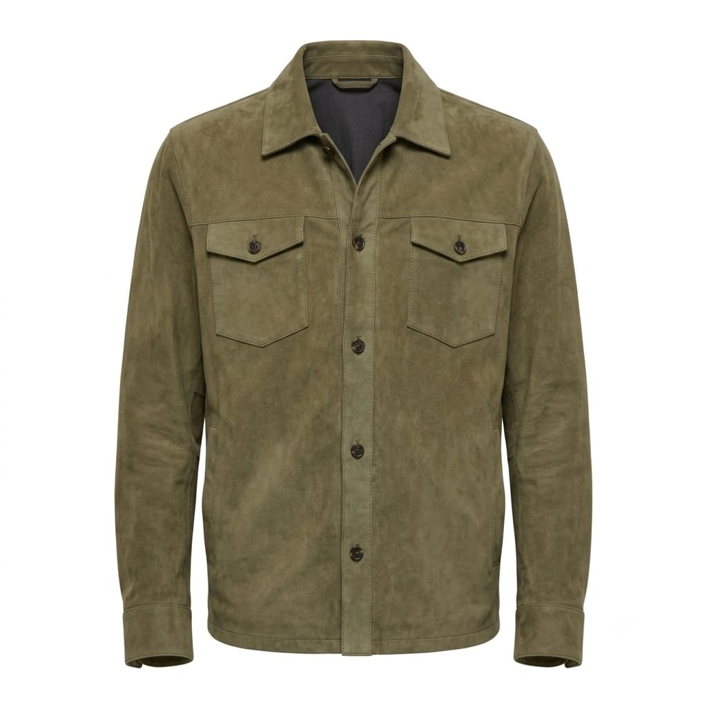 Men's Premium Olive Green Original Suede Leather Shirt — Relaxed Overshirt Style in Premium Leather