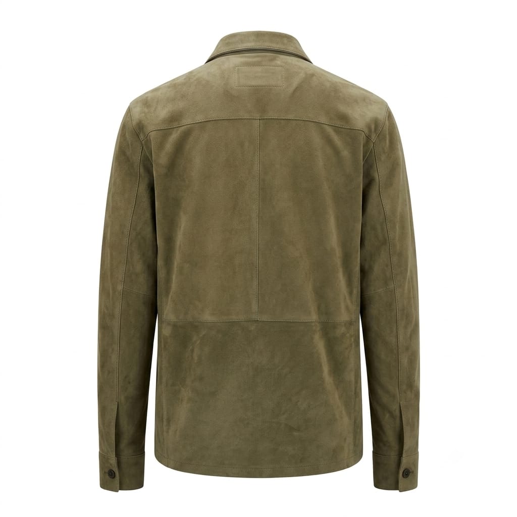 Men's Premium Olive Green Original Suede Leather Shirt — Relaxed Overshirt Style in Premium Leather