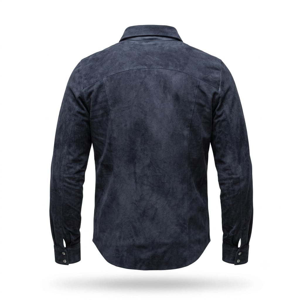 Men's Premium Blue Suede Leather Shirt — Snap-Button Overshirt in Premium Original Leather