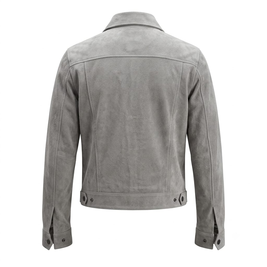 Men's Light Grey Suede Leather Trucker Jacket — Snap-Button Western Style in Premium Leather