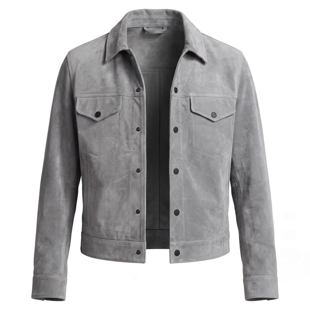 Men's Light Grey Suede Leather Trucker Jacket — Snap-Button Western Style in Premium Leather