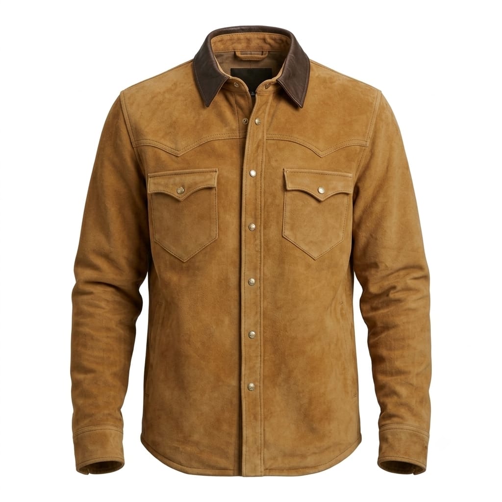 Men's Brown Premium Original Suede Leather Western Shirt — Contrast Collar Snap-Button in Premium Leather