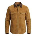 Men's Brown Premium Original Suede Leather Western Shirt — Contrast Collar Snap-Button in Premium Leather