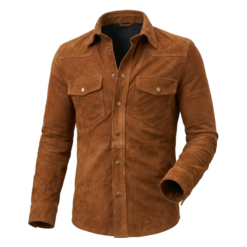 Men's Premium Brown Original Suede Leather Slim-Fit Shirt — Dual Pocket Snap-Button in Premium Leather