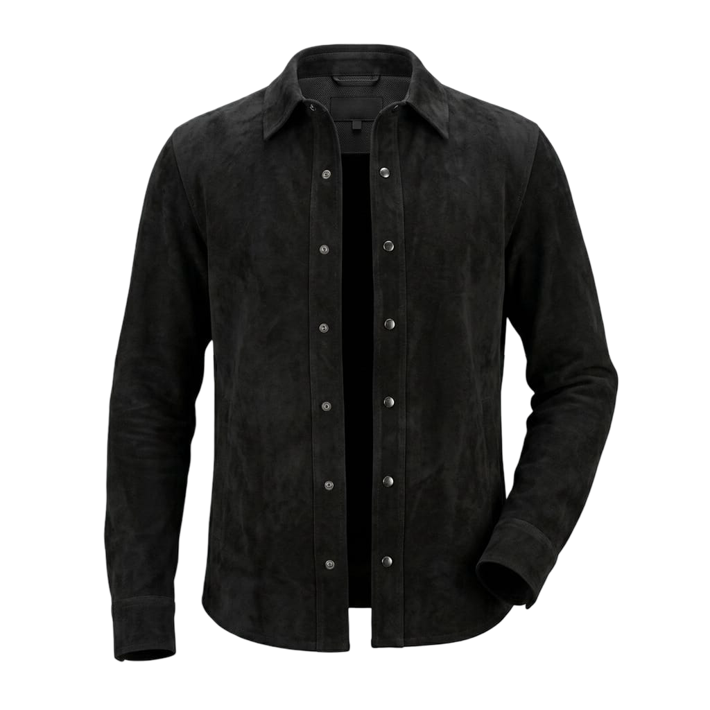 Men's Black Suede Snap-Button shirt — Slim-Fit No-Pocket in Premium Leather – leather jacket, front view – Kamercio