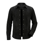 Men's Black Suede Snap-Button shirt — Slim-Fit No-Pocket in Premium Leather – leather jacket, front view – Kamercio