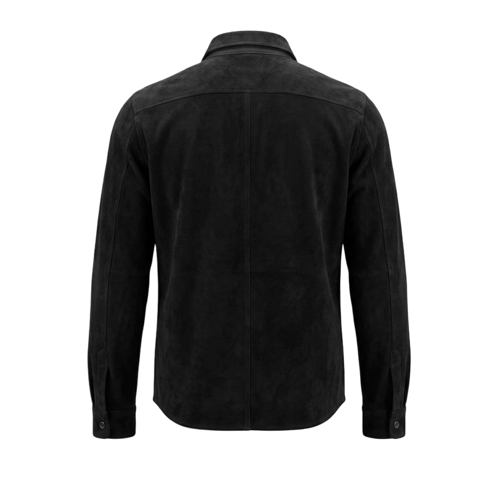Men's Black Suede Snap-Button shirt — Slim-Fit No-Pocket in Premium Leather – leather jacket, back view – Kamercio