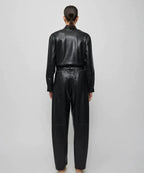 Black Leather Original Jumpsuit - Premium Full - Grain Leather Long - Sleeve Utility Jumpsuit for Women - Kamercio