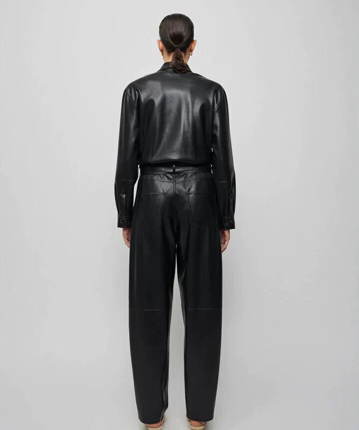 Black Leather Original Jumpsuit - Premium Full - Grain Leather Long - Sleeve Utility Jumpsuit for Women - Kamercio