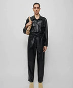 Black Leather Original Jumpsuit - Premium Full - Grain Leather Long - Sleeve Utility Jumpsuit for Women - Kamercio