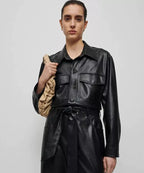 Black Leather Original Jumpsuit - Premium Full - Grain Leather Long - Sleeve Utility Jumpsuit for Women - Kamercio