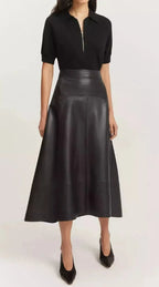 Black Original Leather A - Line Midi Skirt - High Waist Full Grain Leather Skirt for Women - Kamercio