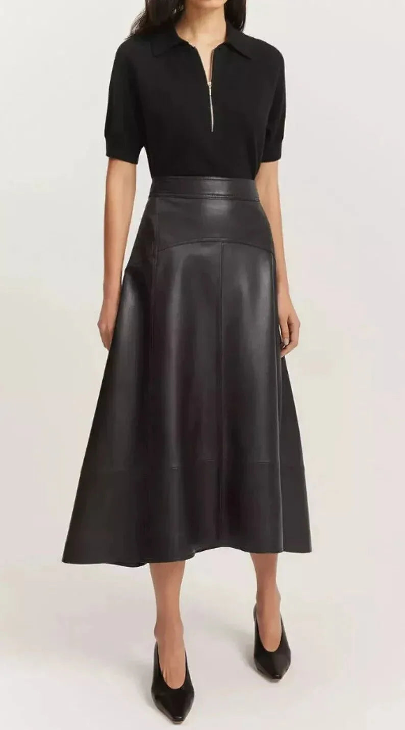 Black Original Leather A - Line Midi Skirt - High Waist Full Grain Leather Skirt for Women - Kamercio