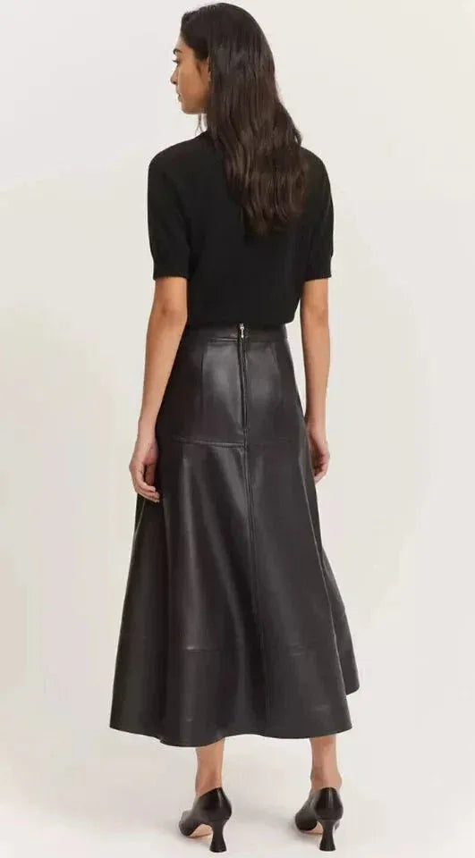 Black Original Leather A - Line Midi Skirt - High Waist Full Grain Leather Skirt for Women - Kamercio