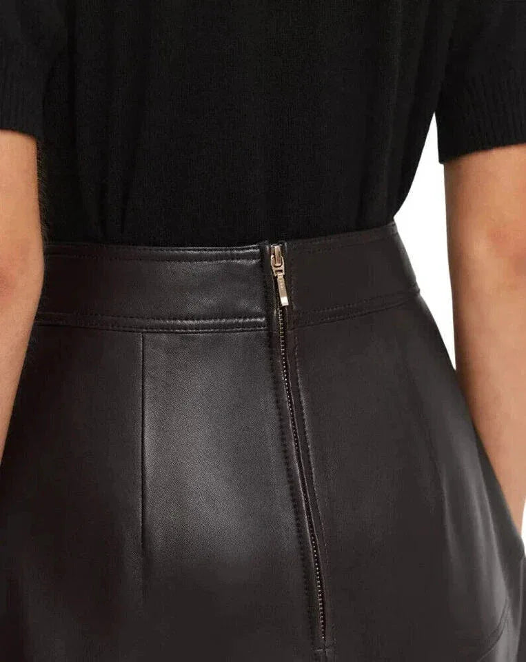 Black Original Leather A - Line Midi Skirt - High Waist Full Grain Leather Skirt for Women - Kamercio