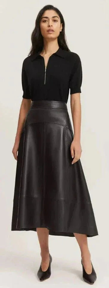 Black Original Leather A - Line Midi Skirt - High Waist Full Grain Leather Skirt for Women - Kamercio