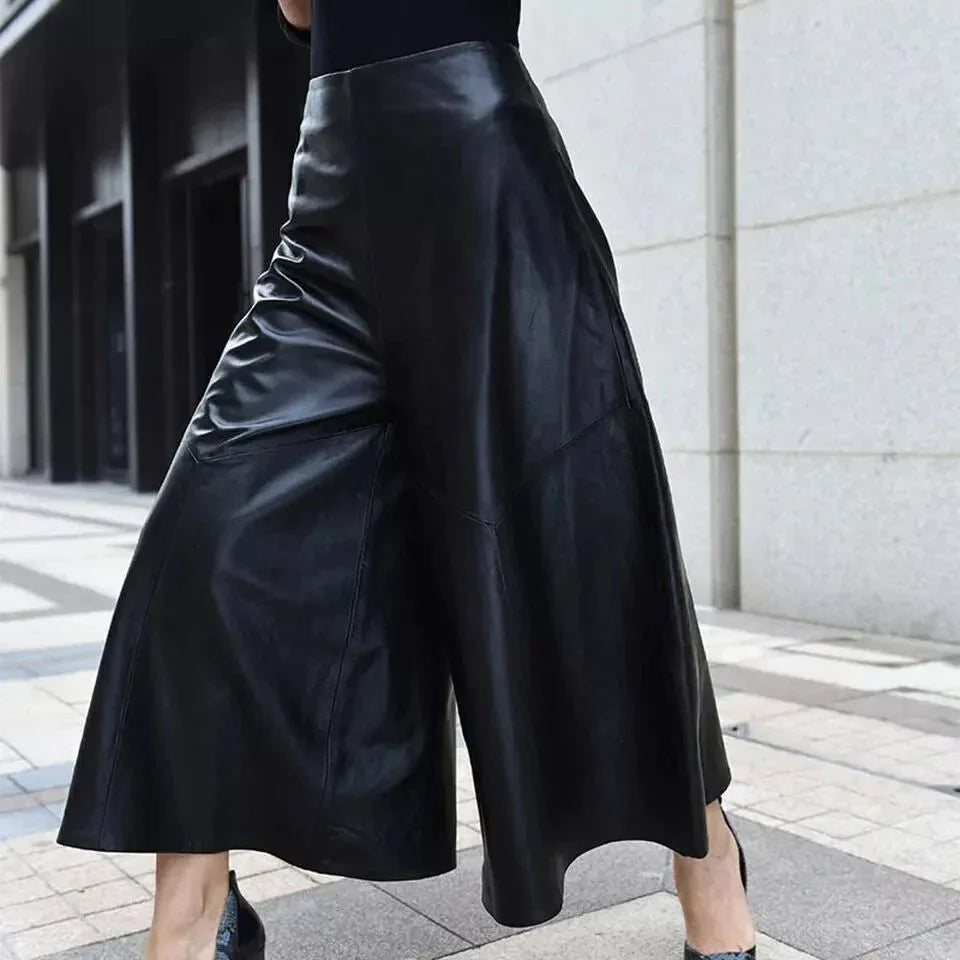 Black Original Leather Culottes - High - Waisted Wide Leg Genuine Premium Leather Trousers for Women - Kamercio