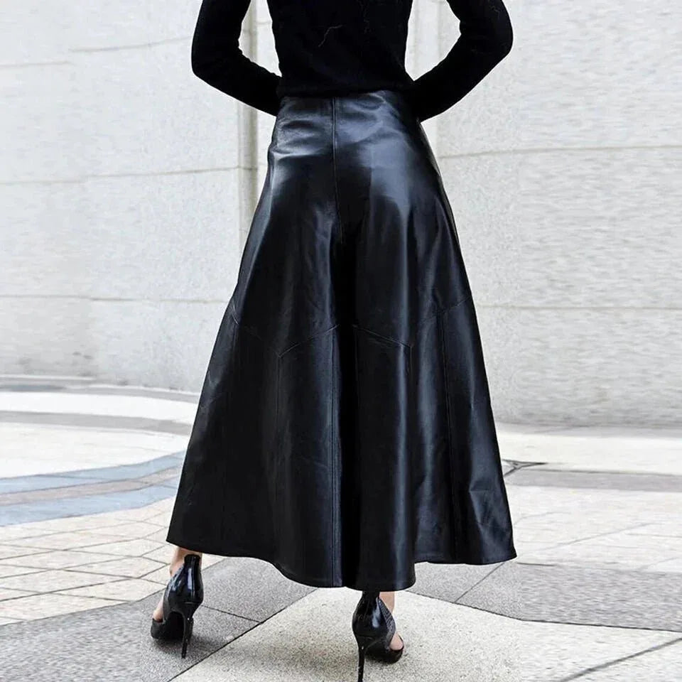 Black Original Leather Culottes - High - Waisted Wide Leg Genuine Premium Leather Trousers for Women - Kamercio