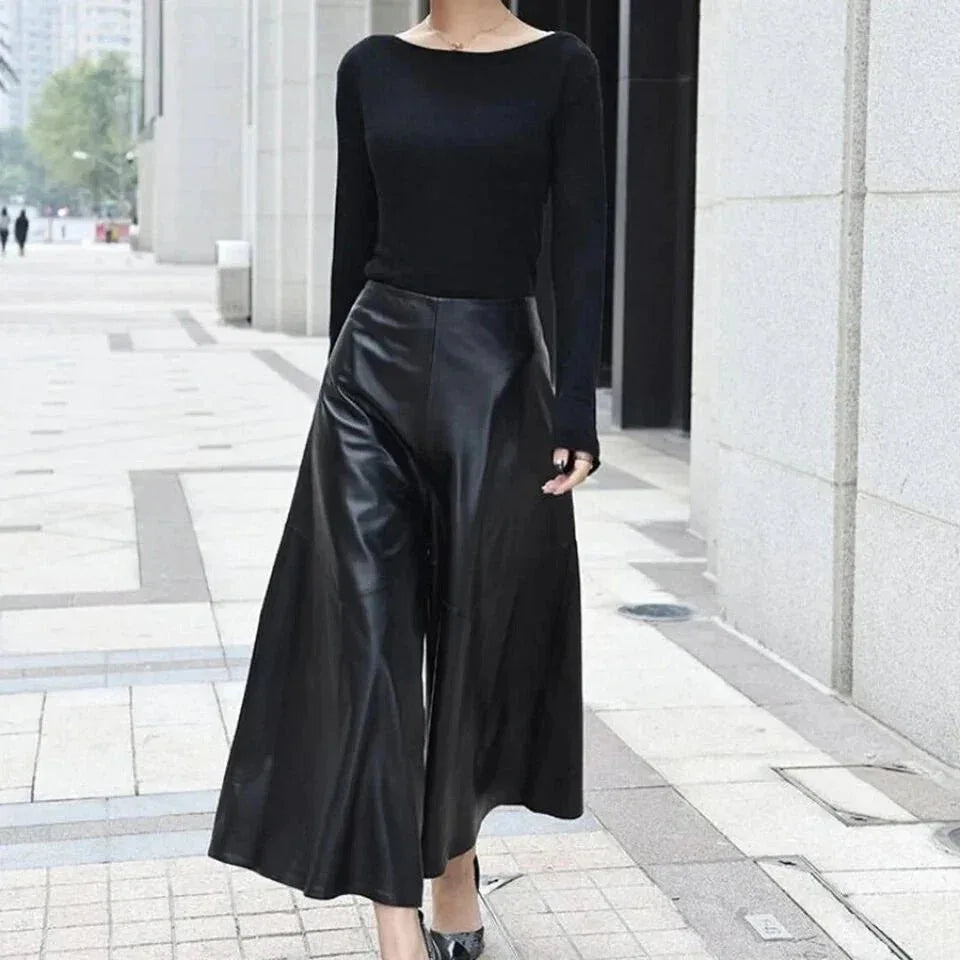 Black Original Leather Culottes - High - Waisted Wide Leg Genuine Premium Leather Trousers for Women - Kamercio