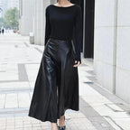 Black Original Leather Culottes - High - Waisted Wide Leg Genuine Premium Leather Trousers for Women - Kamercio
