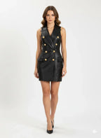 Black Original Leather Dress - Double - Breasted Sleeveless Mini Dress with Gold Hardware - Kamercio