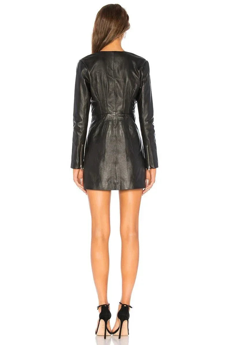 Black Original Leather Dress - Long Sleeve Mini with Front Zipper and Deep V - Neck - Kamercio